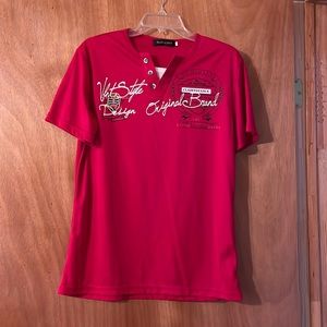 Vintage Haoding DST Brand, 3 buttons, short sleeve, silky soft red shirt (mlb)